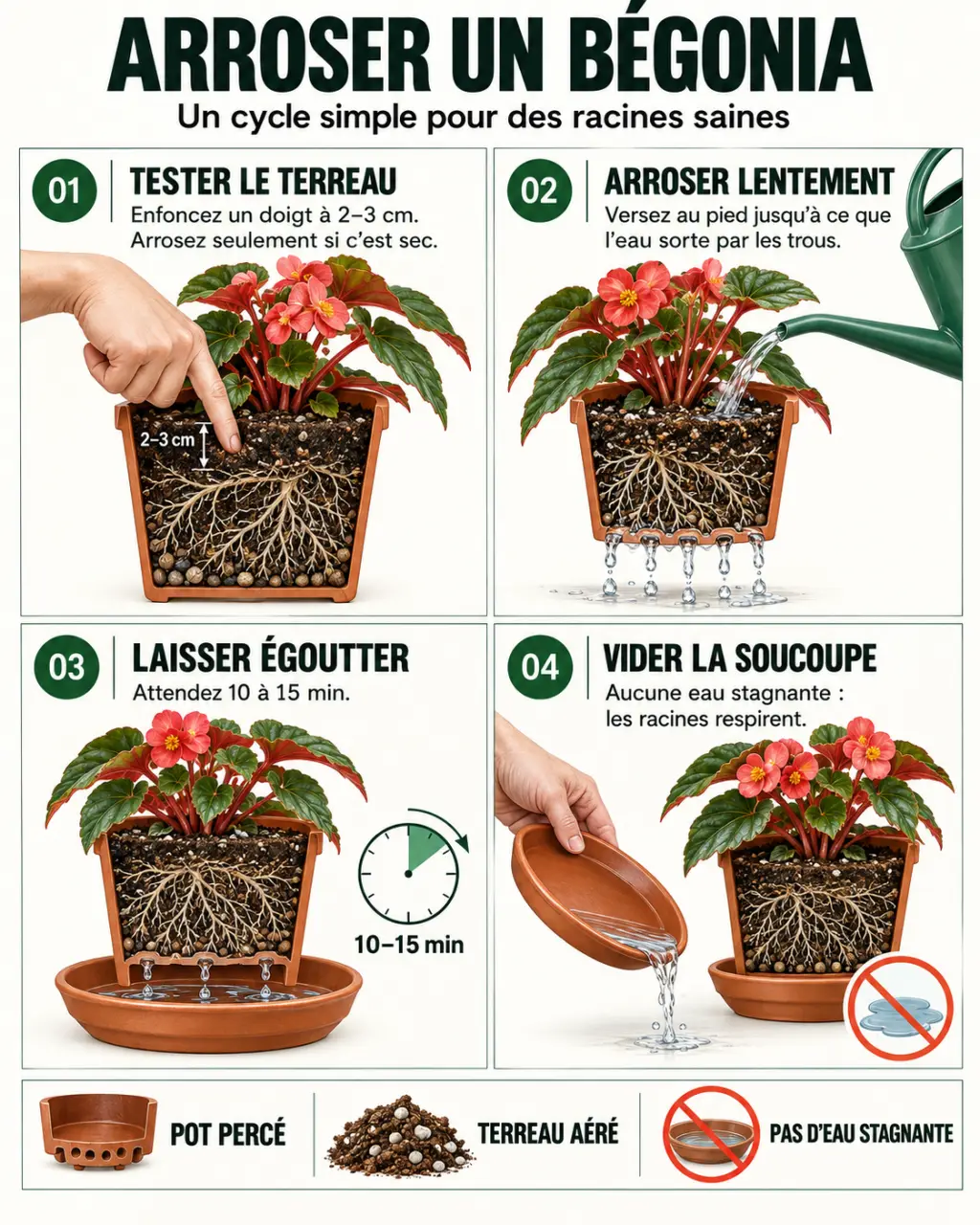 Infographie sur l’arrosage du bégonia avec contrôle du terreau, égouttage et vidage de la soucoupe