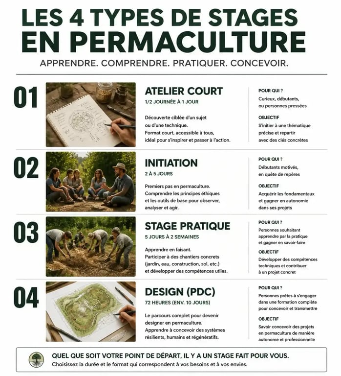 Tableau comparatif des différents formats de stage en permaculture pour choisir sa formation