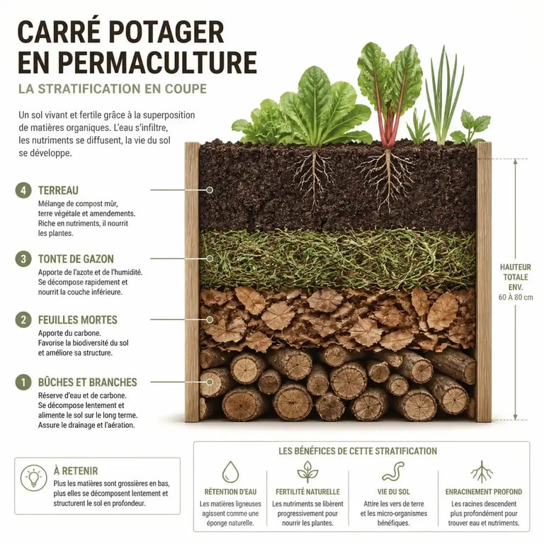 Schéma de remplissage d'un carré potager en permaculture avec les différentes couches de matériaux