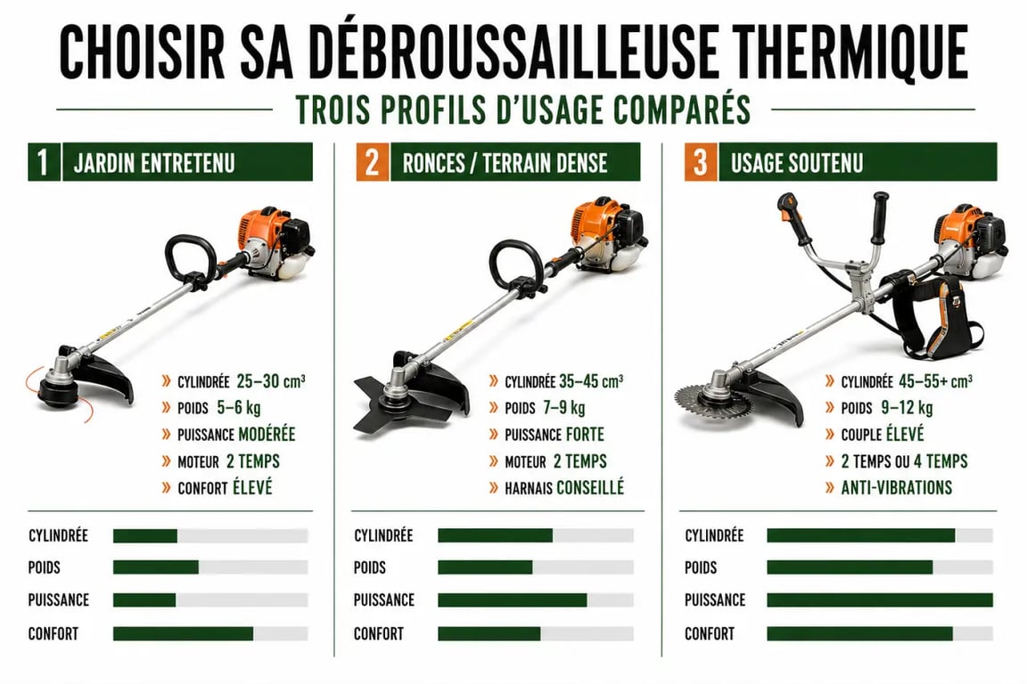 Comparatif débroussailleuse thermique avec critères de cylindrée, poids et usage
