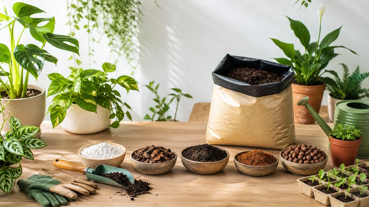 Rempotage d'une plante dans un terreau clair, avec outils de jardinage et lumière douce