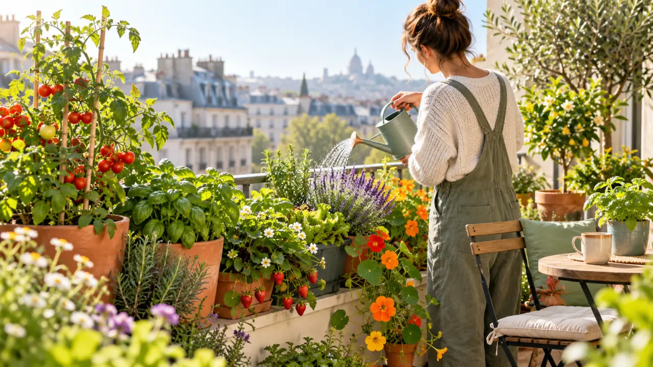 Balcon urbain luxuriant aménagé avec des plantes en pots et des jardinières