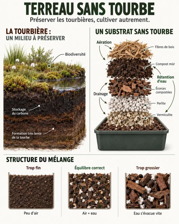 Infographie sur les avantages du terreau sans tourbe et le rôle des composants du substrat