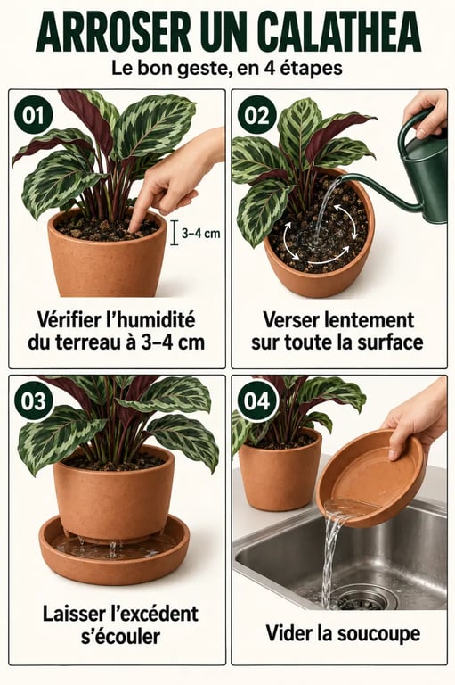 Illustration du bon geste d’arrosage calathea avec contrôle du terreau et égouttage