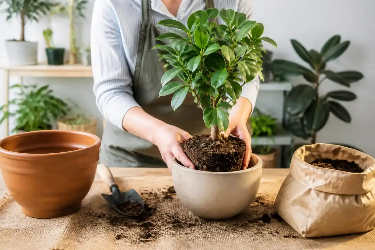 Ficus en cours de rempotage sur une table en bois avec terreau, pot en terre cuite et outils de jardinage