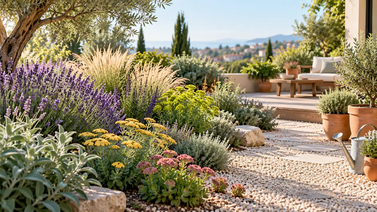 Jardin lumineux composé de plantes résistantes à la sécheresse, de graminées et de pots en terre cuite