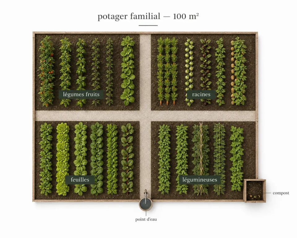 Plan potager 100m2 avec zones de culture, allées et rotation des légumes