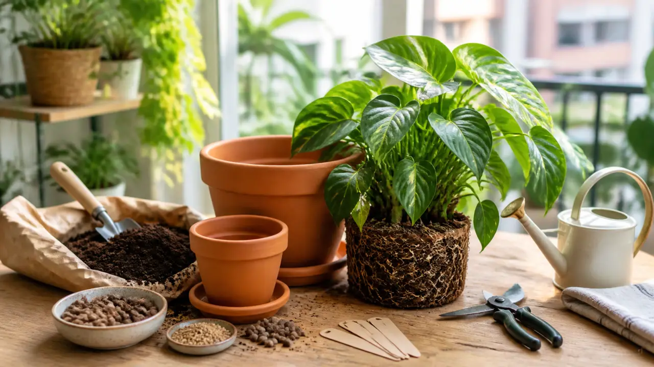Rempotage délicat d'une plante dans un nouveau pot, sur une table lumineuse