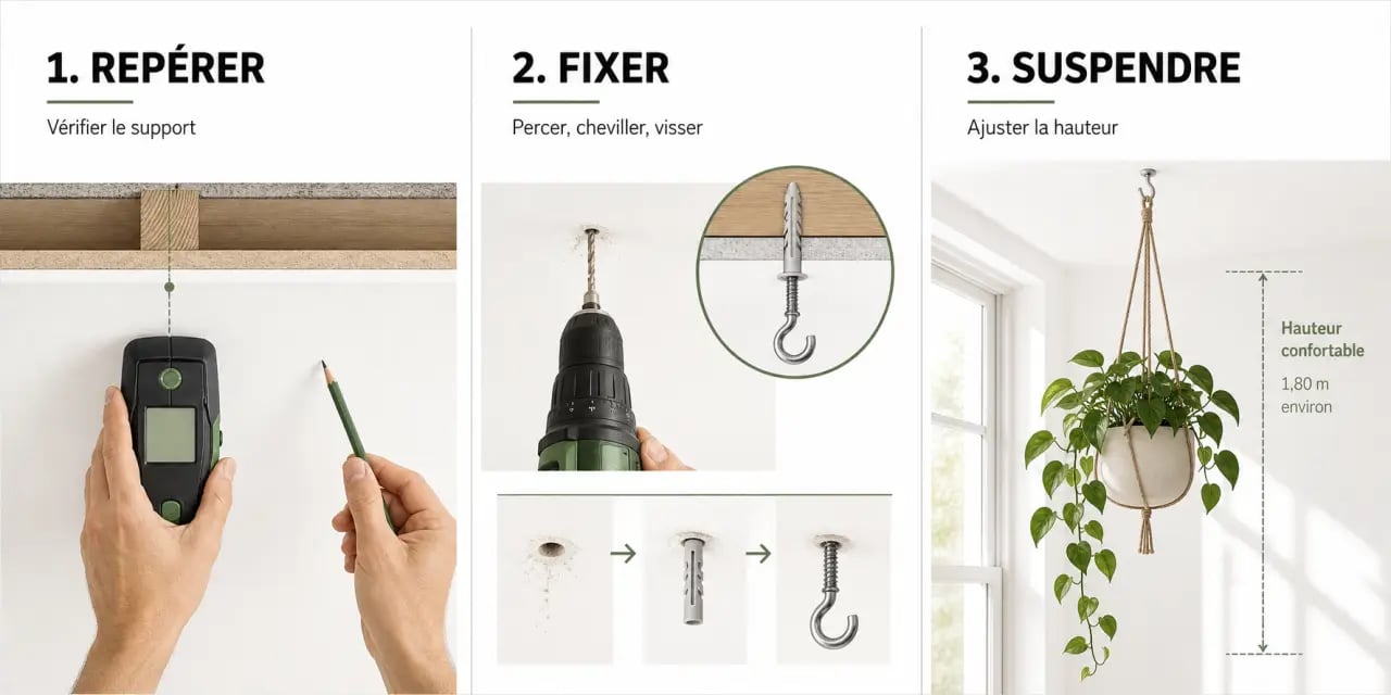 Suspendre plantes plafond : étapes de fixation au plafond en trois scènes