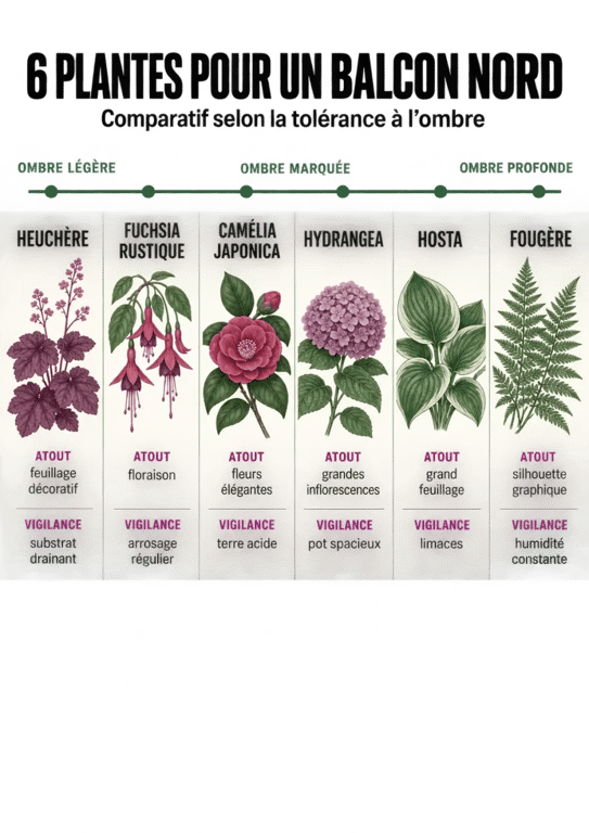 Infographie des plantes adaptées à un balcon nord selon l’ombre et l’entretien