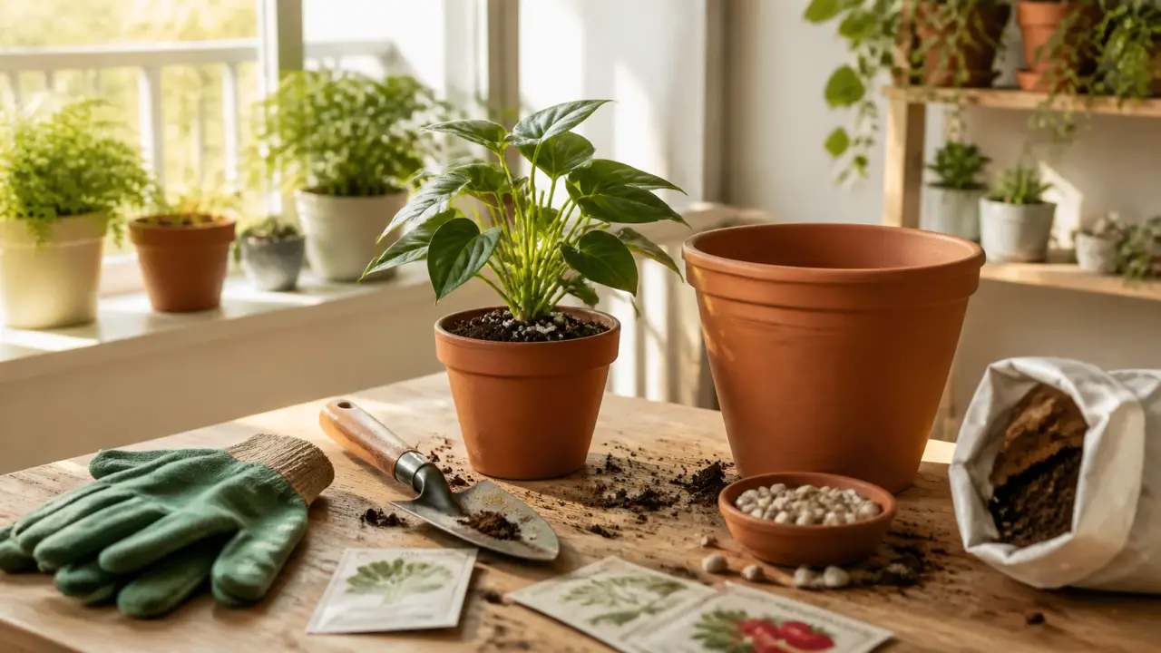 Rempotage d'une plante d'intérieur dans un pot légèrement plus grand, sur une table en bois lumineuse