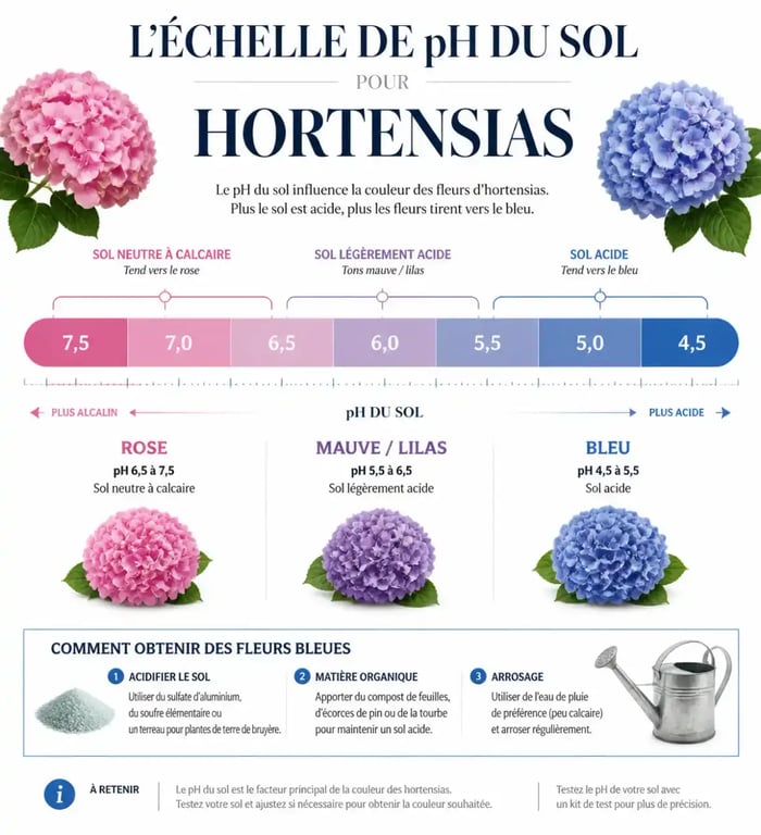 Infographie du pH du sol pour obtenir des hortensias bleus ou roses