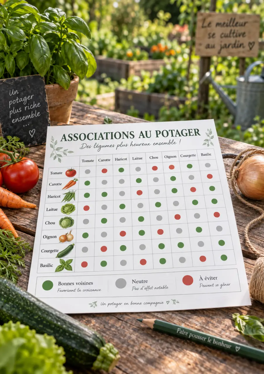 Tableau d’association des légumes au potager à imprimer, avec repères vert, gris et rouge