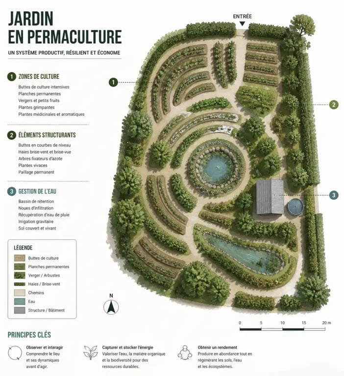 Schéma de design pour un stage en permaculture illustrant l'organisation d'un jardin nourricier