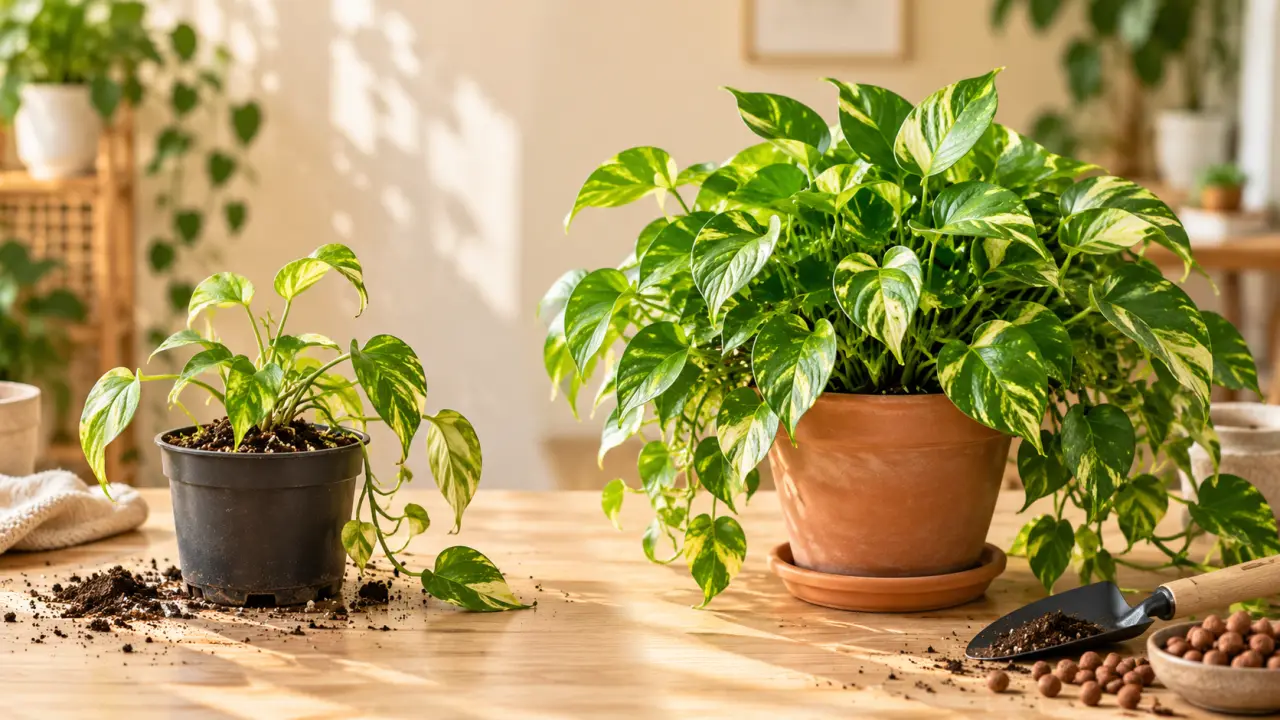Pothos luxuriant après un rempotage dans un pot adapté