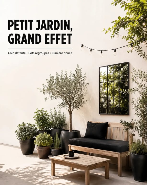 Idée déco jardin extérieur pas cher : petit jardin aménagé avec pots regroupés, guirlande lumineuse et miroir d’extérieur
