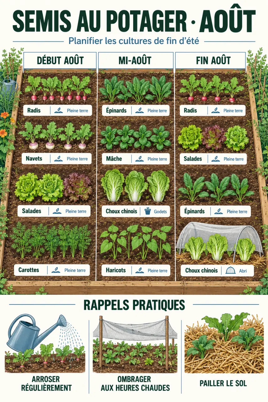 Infographie pratique pour semer en aout les légumes du potager selon la période et le mode de culture
