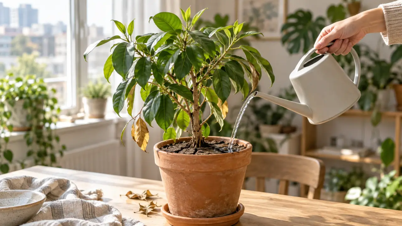 Ficus d'intérieur en cours de réhydratation près d'une fenêtre lumineuse