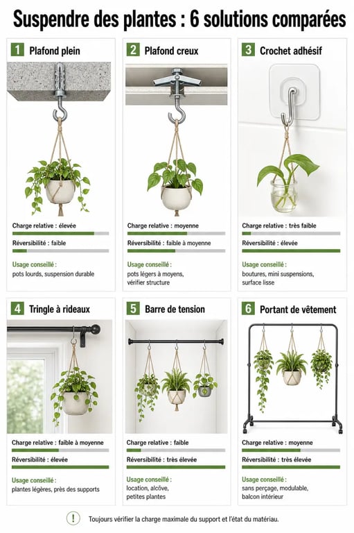 Suspendre plantes plafond sans percer : comparatif visuel des solutions de fixation