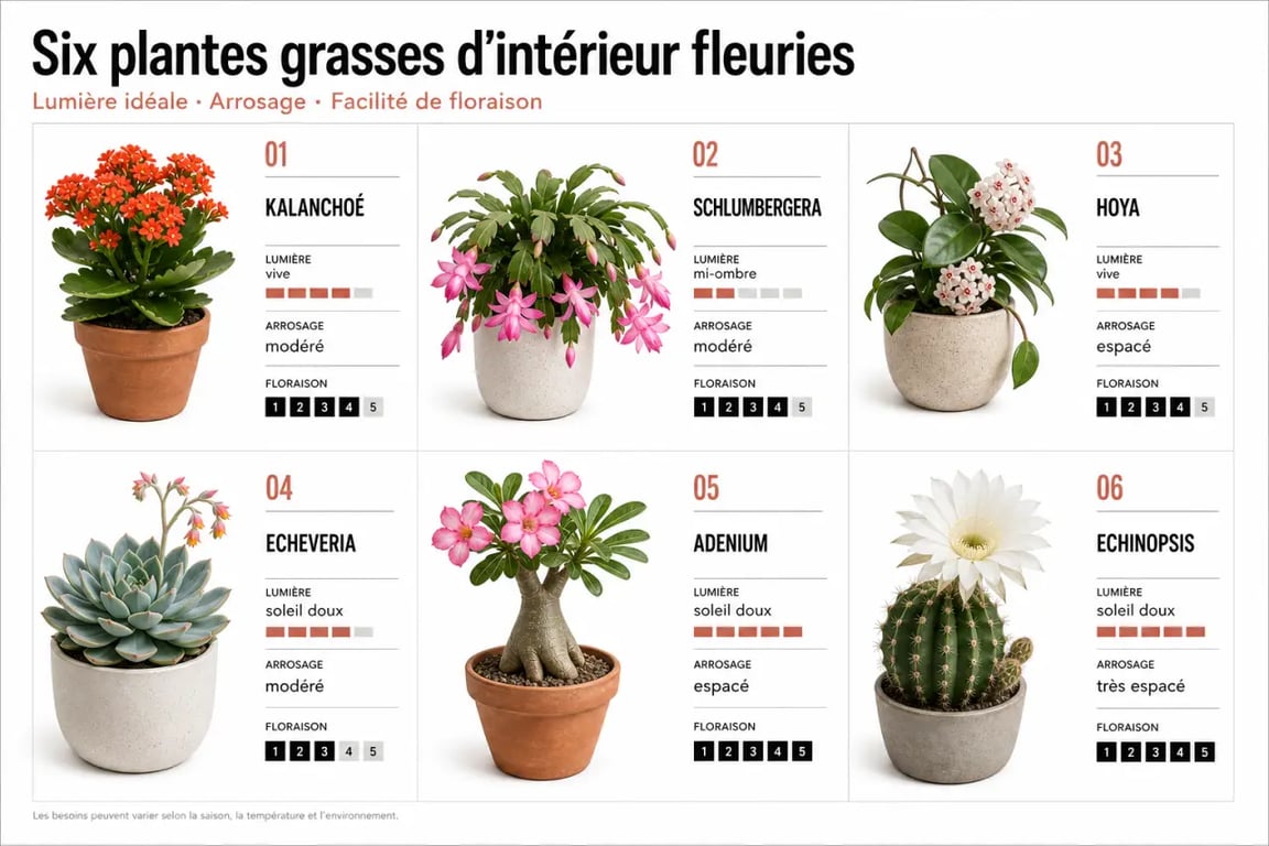 Comparatif pour choisir une plante grasse intérieur fleurie selon la lumière, l’arrosage et la facilité de floraison