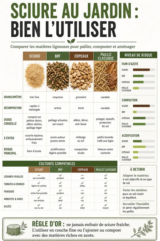 Jardinage sciure de bois : comparaison visuelle entre sciure, BRF et copeaux avec usages et risques