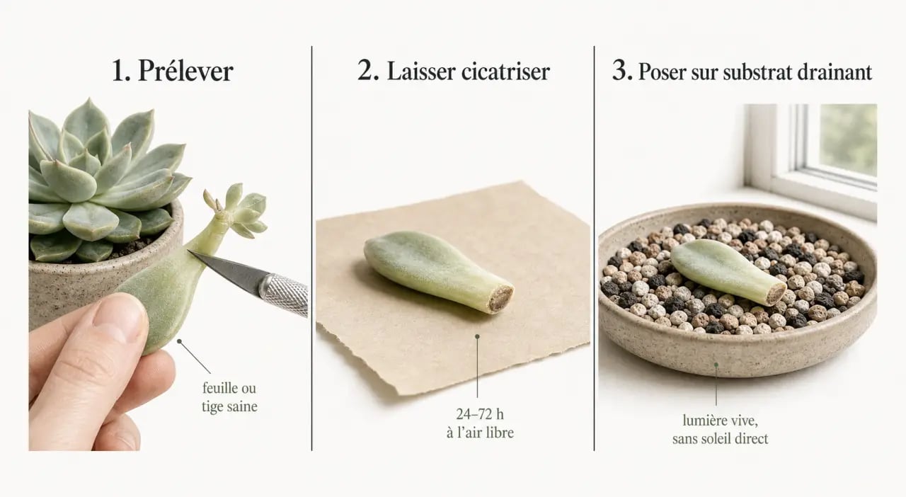 Bouturer une plante grasse en trois étapes : prélèvement, cicatrisation et pose sur substrat drainant