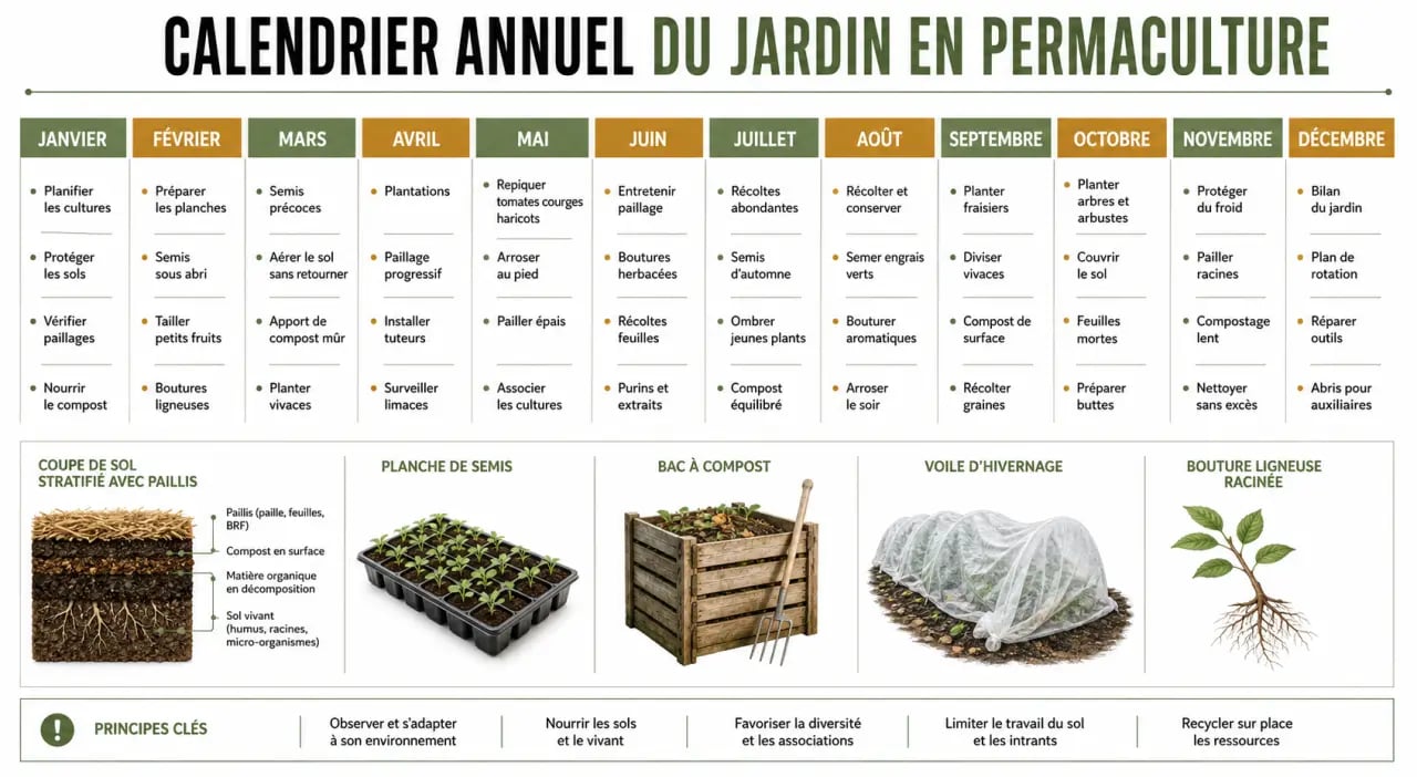 La permaculture au jardin mois par mois illustrée par une frise annuelle des travaux au jardin