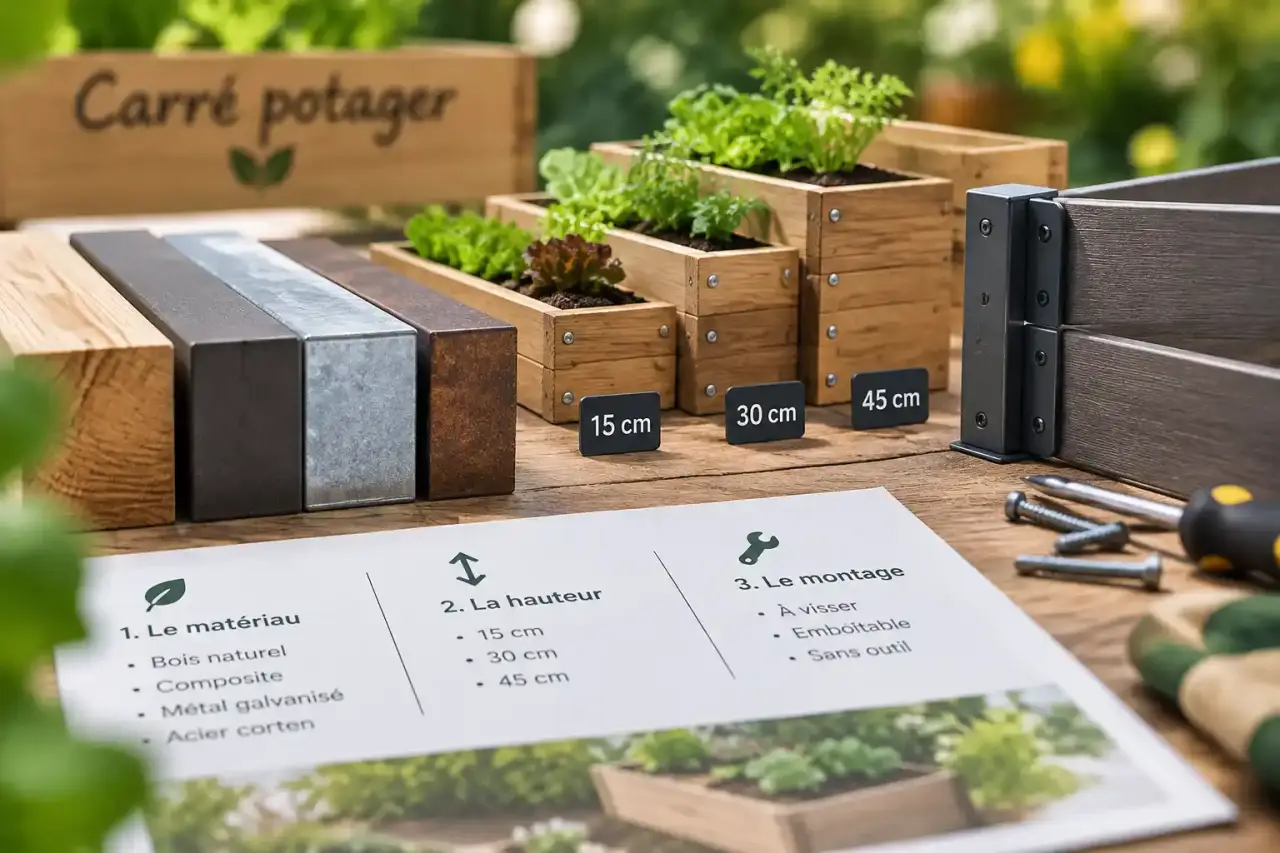 Un fabricant de carré potager se choisit sur le matériau, la hauteur et le montage