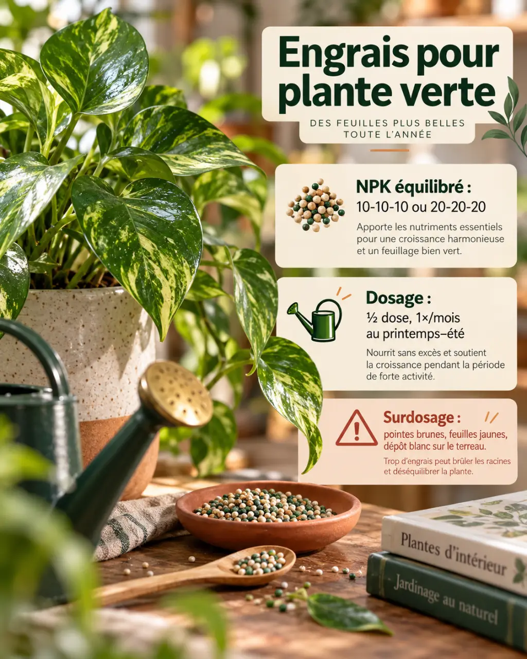 Quel engrais pour une plante verte ? NPK, dosage et signes de surdosage