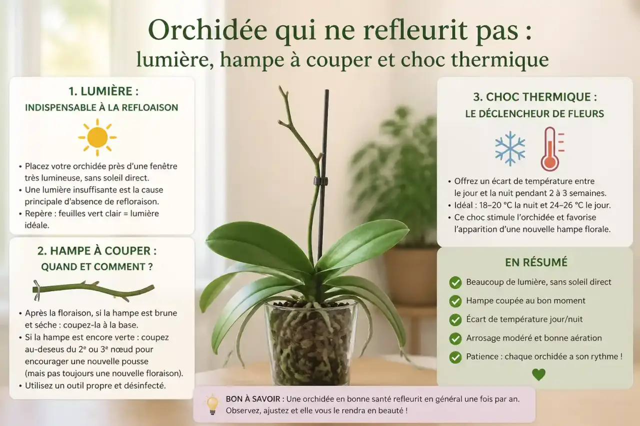 Orchidée qui ne refleurit pas : lumière, hampe à couper et choc thermique