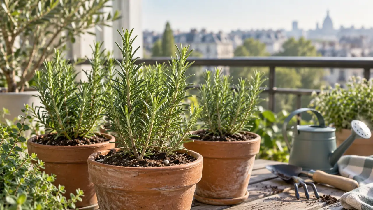 Jeunes boutures de romarin dans des pots en terre cuite sur un balcon lumineux