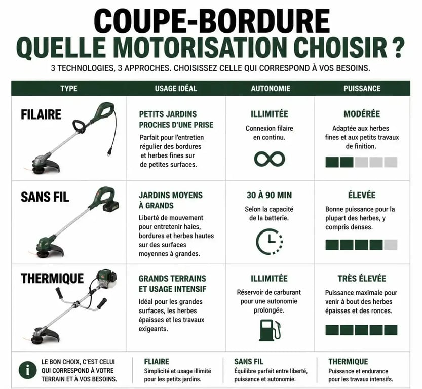 Comparatif des types de motorisation pour coupe bordure : filaire, sans fil et thermique
