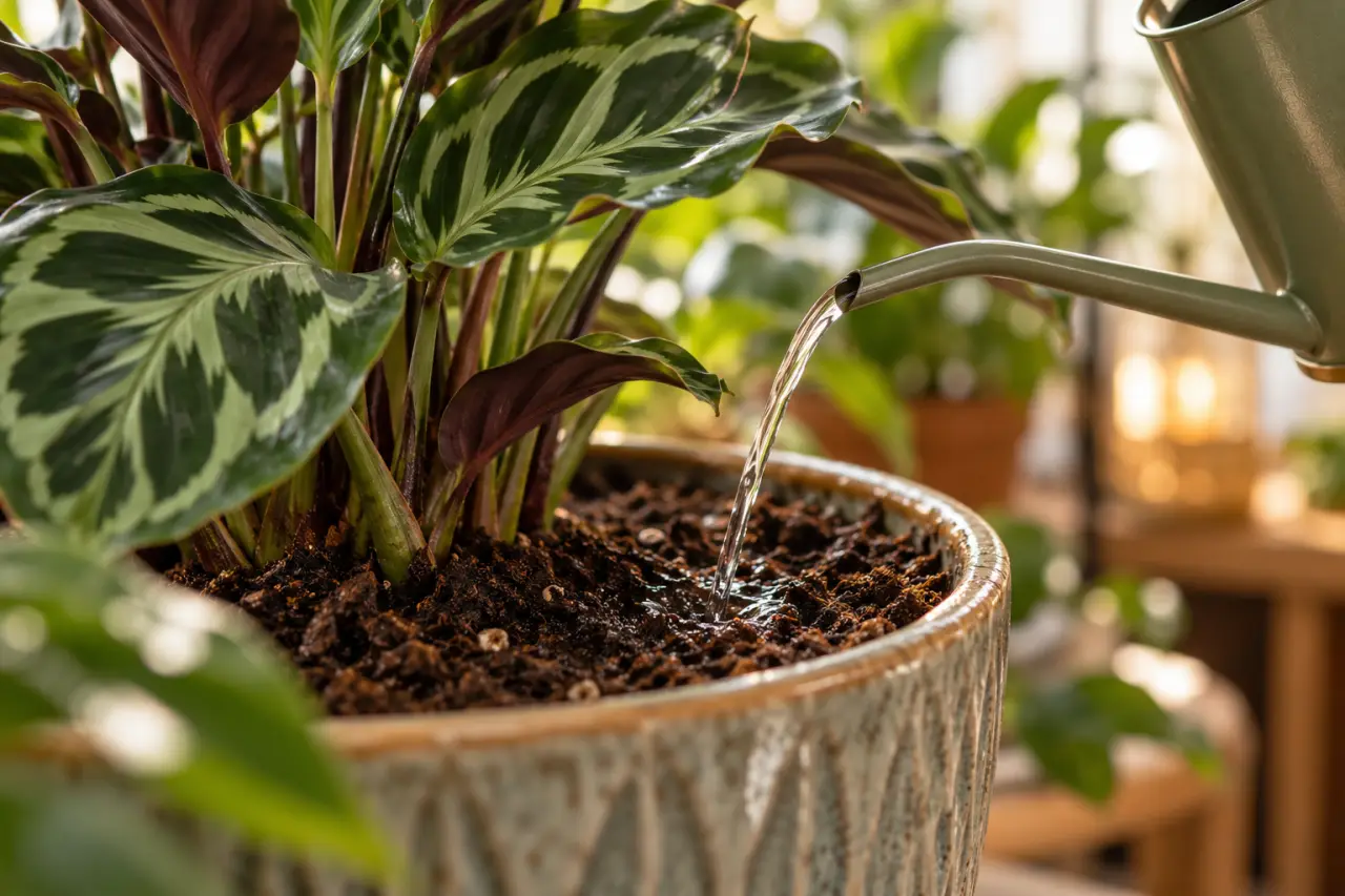 Arroser un calathea : garder la motte humide sans noyer les racines