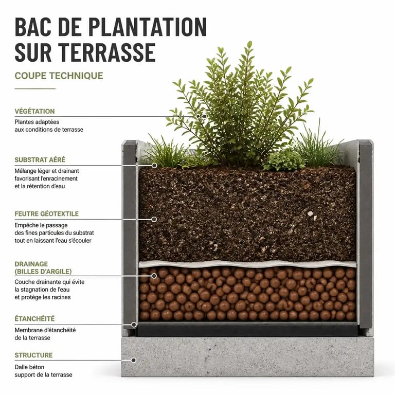 Schéma technique pour végétaliser une terrasse avec drainage et substrat