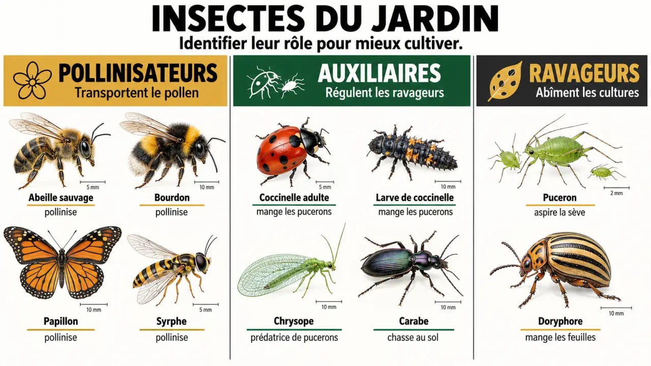 Jardin insectes : infographie des pollinisateurs, auxiliaires et ravageurs à reconnaître