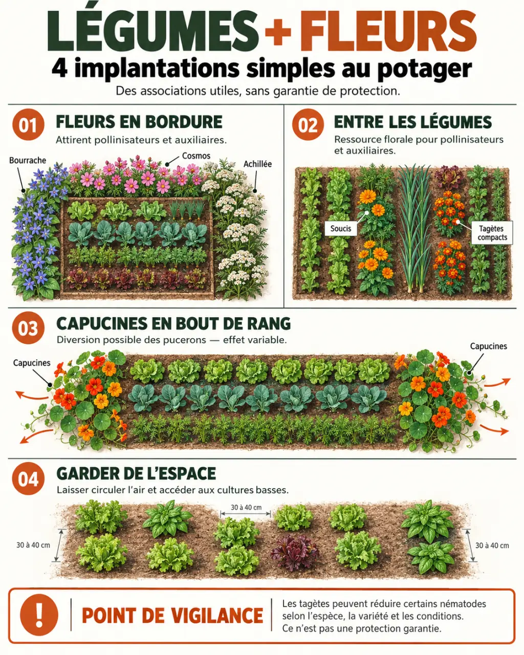 Tableau association légumes fleurs illustrant les emplacements et bénéfices prudents au potager