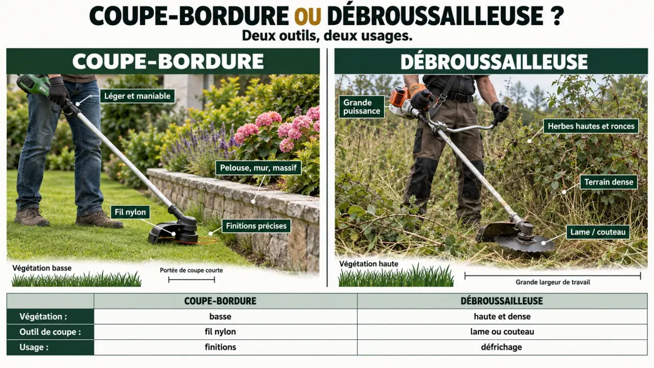Infographie sur la différence entre coupe-bordure et débroussailleuse selon les usages et la végétation