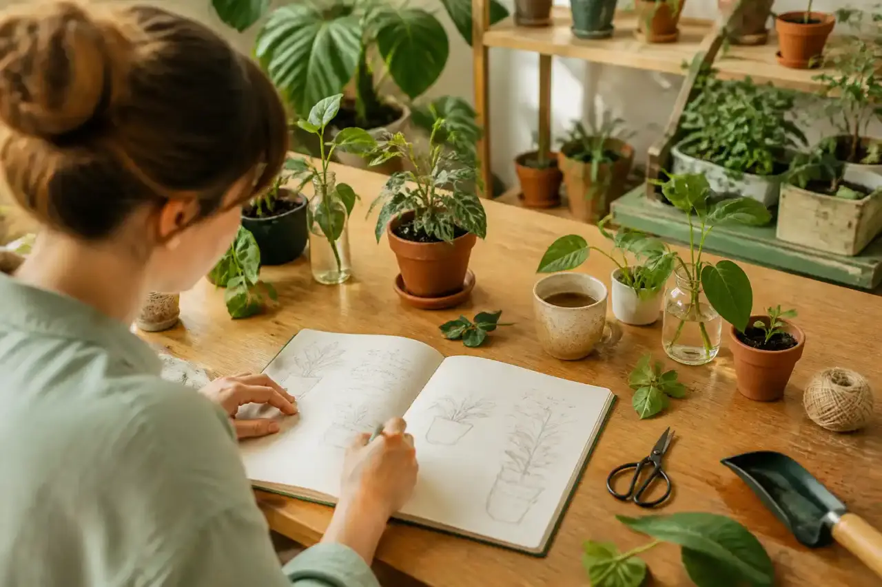 Brainstorming de design végétal avec plantes et croquis