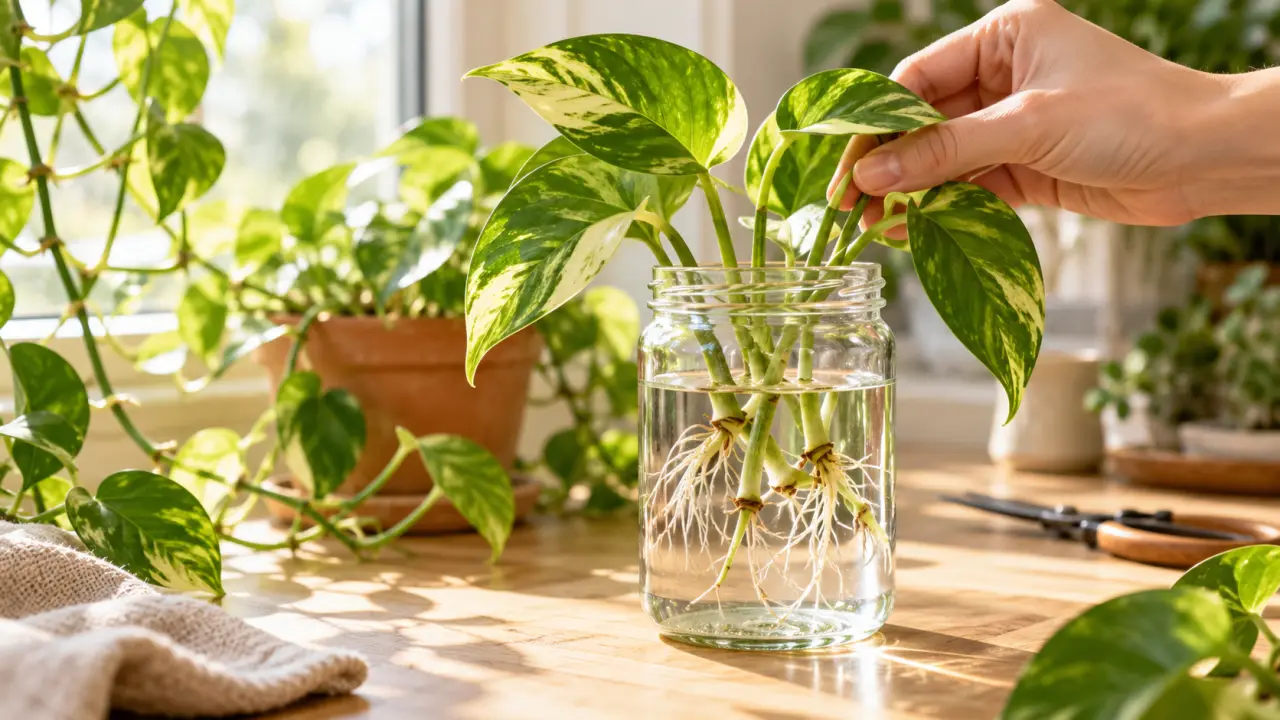 Bouture de pothos dans un petit verre d’eau, près d’une plante mère