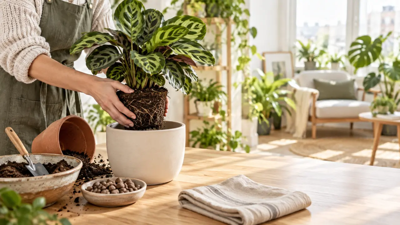 Rempotage délicat d’un calathea dans un pot en terre cuite