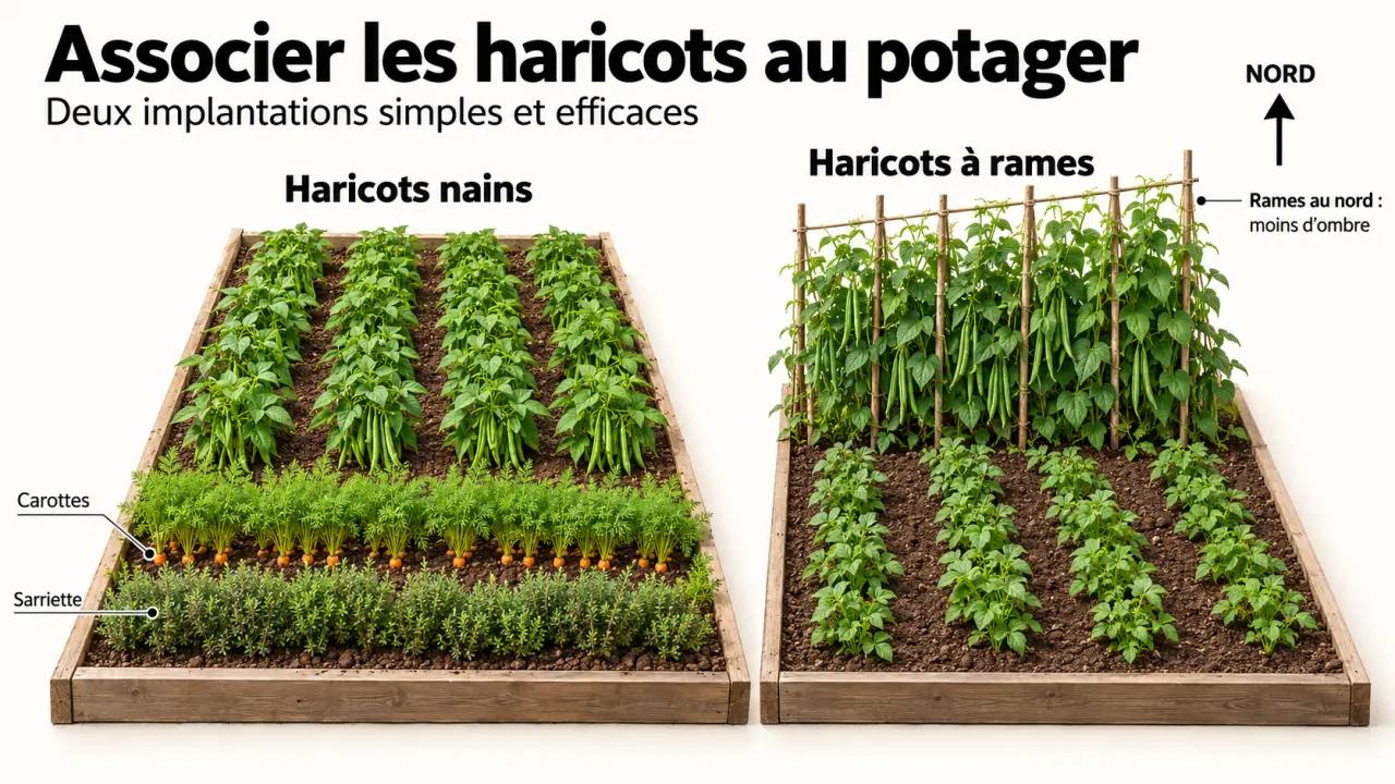 Association haricot potager avec haricots nains, carottes, sarriette et haricots à rames