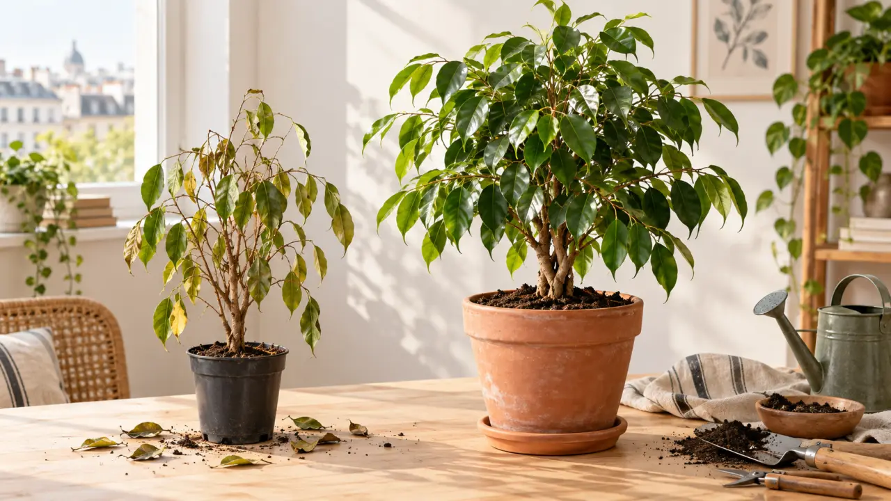 Rempotage d'un ficus dans un pot en terre cuite sur une table en bois