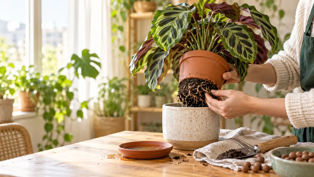 Calathea aux grandes feuilles installé près d'une fenêtre, après un rempotage