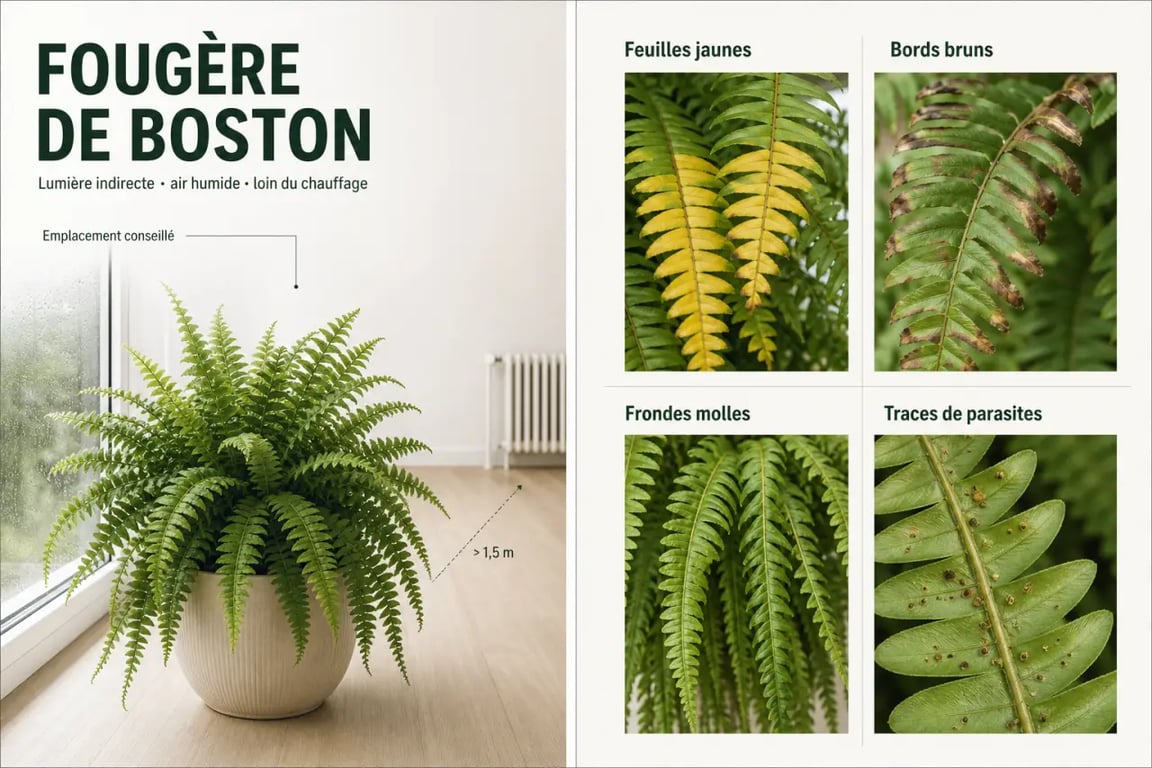 Fougère de Boston entretien : visuel des bons emplacements et des symptômes à surveiller en intérieur