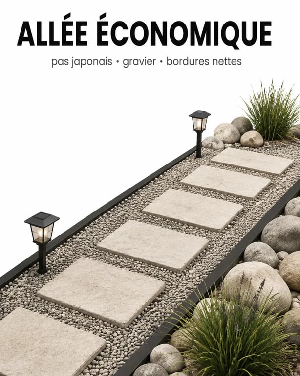 Idée déco jardin extérieur pas cher : allée avec pas japonais, gravier décoratif et lanternes solaires